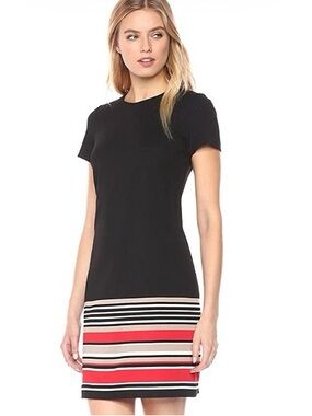 CALVIN KLEIN Shift SS KNIT BLACK/STRIPED DRESS-10-GOLD OUTER ZIPPER